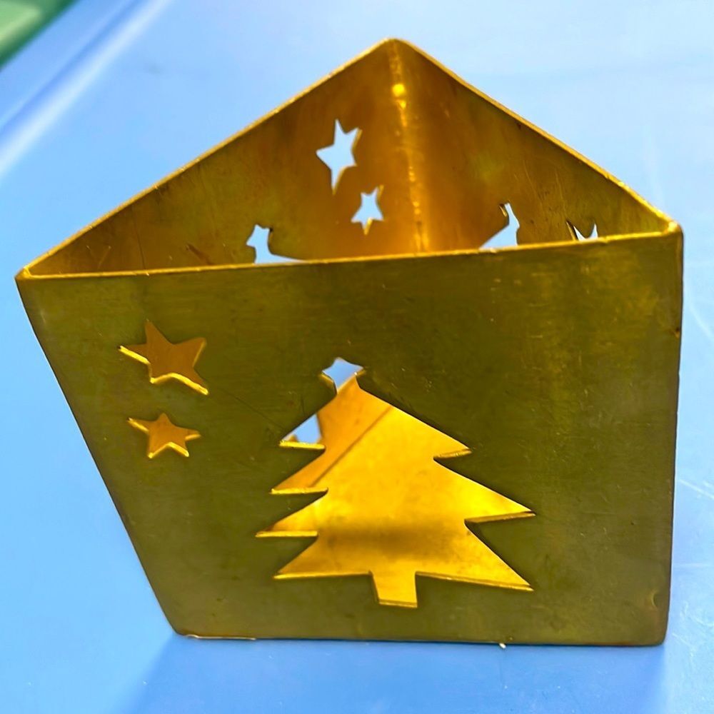 Vintage brass triangular Candle or other decor holder w/Christmas tree & stars